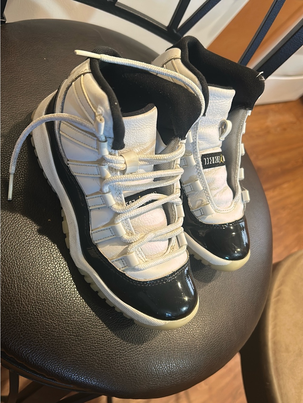 Jordan Kids White and Black Patent Leather High-Top Sneakers